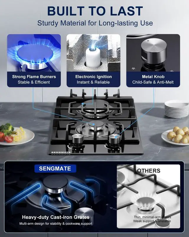 Alt view image 5 of 7 - 12 Inch Gas Cooktop, 2 Burner Gas Stove Top, Built-In or Countertop Installation, Black Tempered Glass, NG/LPG Convertible, Flame Out Protection, Ideal for RVs, Apartments & Cabins