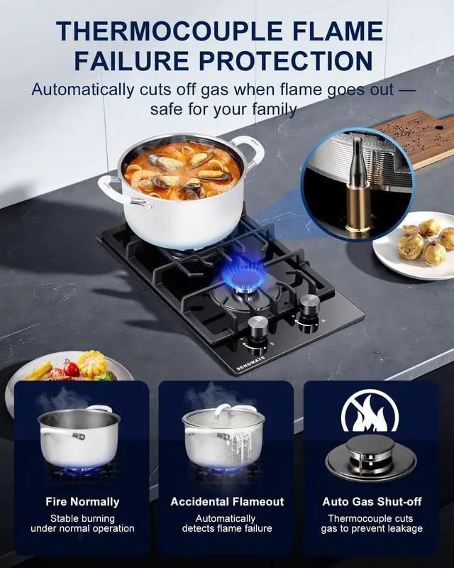 Alt view image 7 of 7 - 12 Inch Gas Cooktop, 2 Burner Gas Stove Top, Built-In or Countertop Installation, Black Tempered Glass, NG/LPG Convertible, Flame Out Protection, Ideal for RVs, Apartments & Cabins
