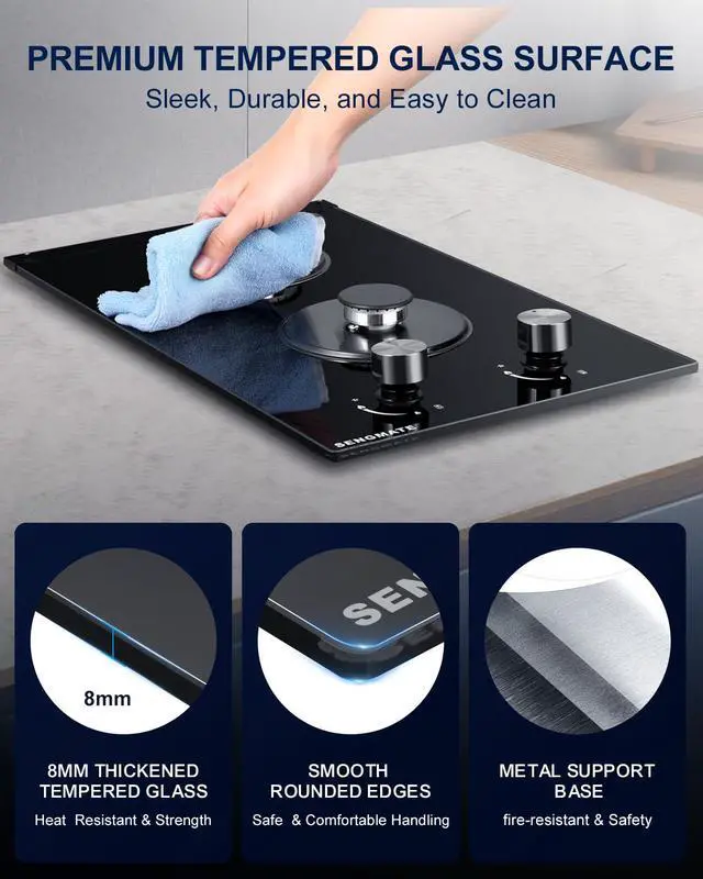 Alt view image 6 of 7 - 12 Inch Gas Cooktop, 2 Burner Gas Stove Top, Built-In or Countertop Installation, Black Tempered Glass, NG/LPG Convertible, Flame Out Protection, Ideal for RVs, Apartments & Cabins