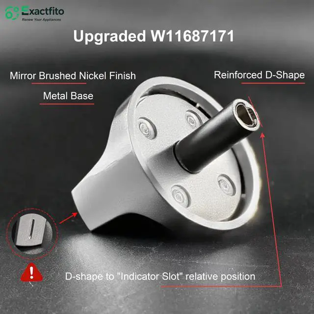 Alt view image 3 of 7 - 5Pcs Whirlpool Stove Knobs Replacement W11687171, W11513755 |, Reinforced D-Shape, Heat-resistant blend: 110140°C, Mirror brushed nickel finish