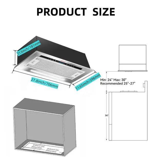 Alt view image 2 of 7 - 27.8 inch Range Hood Insert 400CFM Build-In/Insert Stainless Steel Kitchen Vent Hood |3-Speed Controls |Gesture & Touch Control LED Lights| 6 Layers Grease Filters|Ducted/ductless Convertible