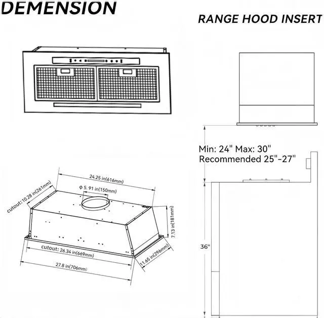 Alt view image 3 of 7 - 27.8 inch Range Hood Insert 400CFM Build-In/Insert Stainless Steel Kitchen Vent Hood |3-Speed Controls |Gesture & Touch Control LED Lights| 6 Layers Grease Filters|Ducted/ductless Convertible