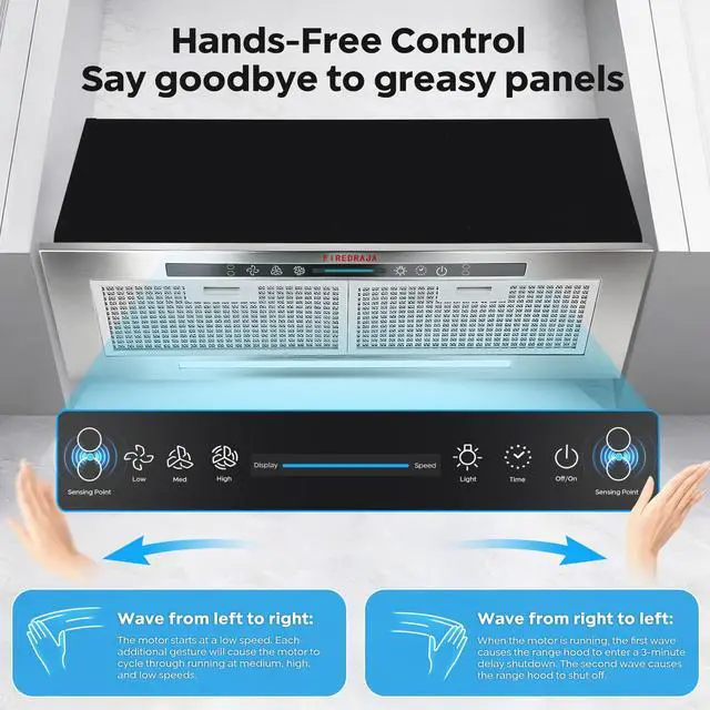 Alt view image 4 of 7 - 27.8 inch Range Hood Insert 400CFM Build-In/Insert Stainless Steel Kitchen Vent Hood |3-Speed Controls |Gesture & Touch Control LED Lights| 6 Layers Grease Filters|Ducted/ductless Convertible