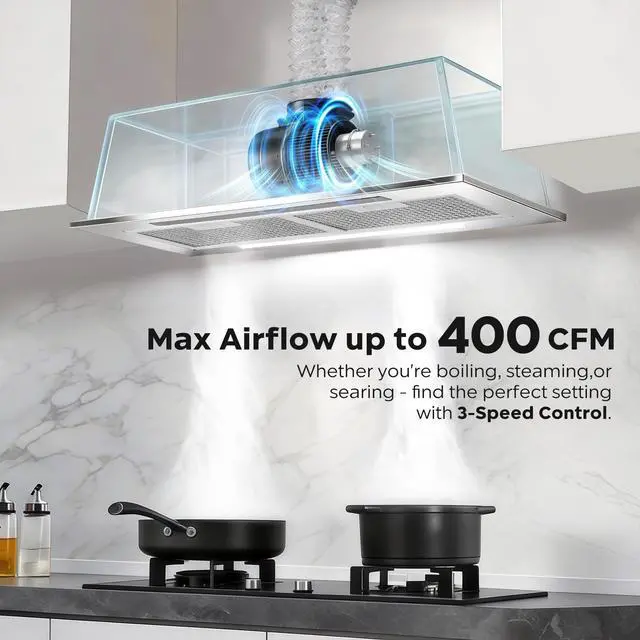 Alt view image 5 of 7 - 27.8 inch Range Hood Insert 400CFM Build-In/Insert Stainless Steel Kitchen Vent Hood |3-Speed Controls |Gesture & Touch Control LED Lights| 6 Layers Grease Filters|Ducted/ductless Convertible