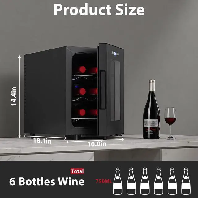 Alt view image 2 of 7 - Wine Fridge, Digital Temperature Control White & Red Wine 6 Bottle Wine Cooler with Wine Rack, Champagne Wine Cooler Refrigerator for Bar, Home,Kitchen,Gift (Black)