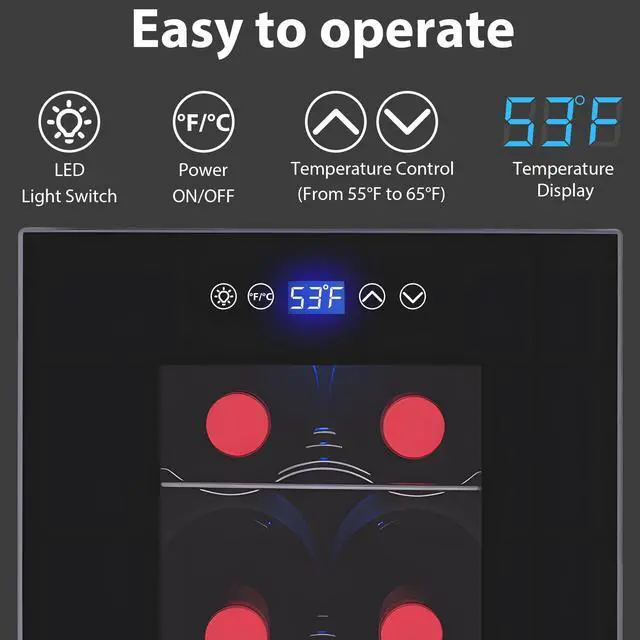 Alt view image 4 of 7 - Wine Fridge, Digital Temperature Control White & Red Wine 6 Bottle Wine Cooler with Wine Rack, Champagne Wine Cooler Refrigerator for Bar, Home,Kitchen,Gift (Black)
