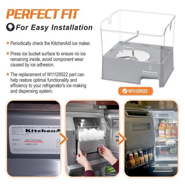 Alt view image 5 of 7 - UPGRADED W11129522 Refrigerator Ice Bucket For Whirlpool KitchenAid Ice Bucket Replacement W10564750 Whirlpool Removable Ice Bin KitchenAid Ice Maker Tray Parts KRFF707ESS01 KRMF706ESS01 Ice Container