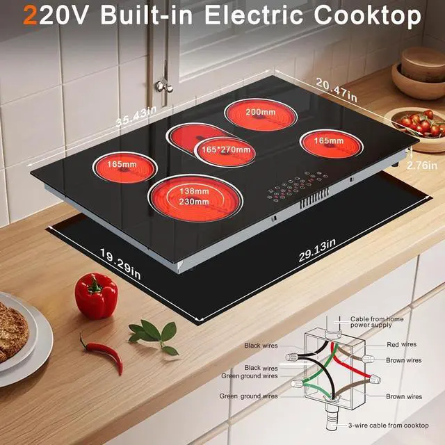 Alt view image 3 of 7 - 5 Burner Electric Cooktop 36 Inch, Built-in Electric Stove Top 8400W | Ceramic Cooktop with Touch Control, BBQ Burner, Timer & Pause, Safety Lock, 220V Hard Wire