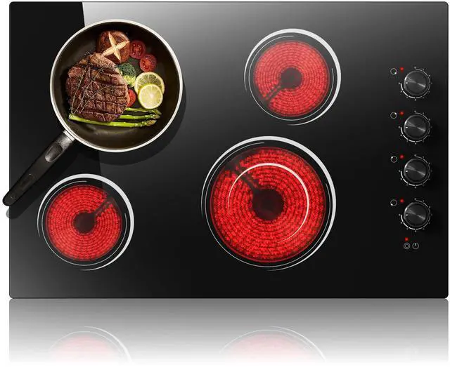 Main image of 30 Inch Electric Cooktop 4 Burners with Knob Control, 6700W Built-in 220V | Radiant Electric Cooktop with 9 Power Levels, Hot Warning, Hard Wire(No Plug)