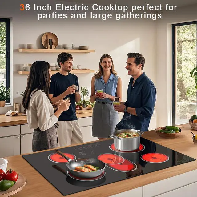 Alt view image 6 of 7 - 5 Burner Electric Cooktop 36 Inch, Built-in Electric Stove Top 8400W | Ceramic Cooktop with Touch Control, BBQ Burner, Timer & Pause, Safety Lock, 220V Hard Wire