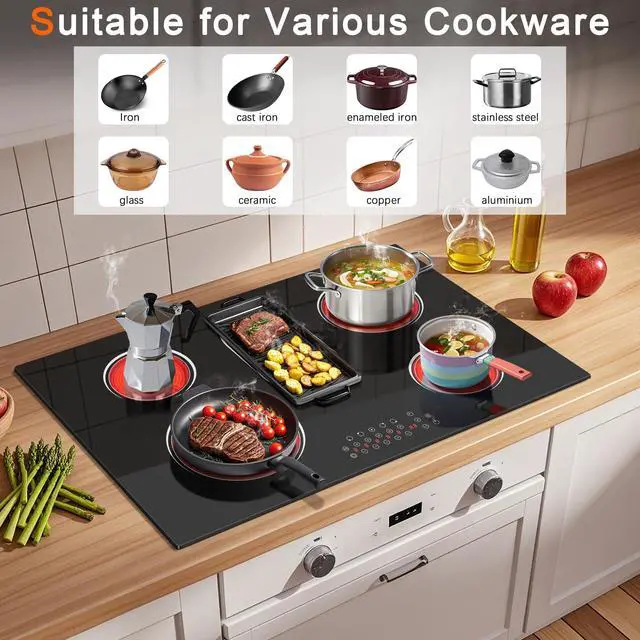 Alt view image 7 of 7 - 5 Burner Electric Cooktop 36 Inch, Built-in Electric Stove Top 8400W | Ceramic Cooktop with Touch Control, BBQ Burner, Timer & Pause, Safety Lock, 220V Hard Wire