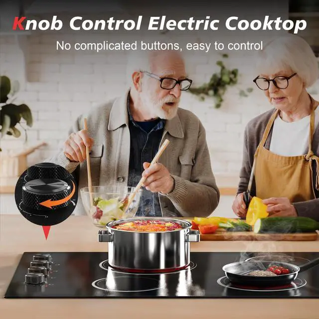 Alt view image 2 of 7 - 30 Inch Electric Cooktop 4 Burners with Knob Control, 6700W Built-in 220V | Radiant Electric Cooktop with 9 Power Levels, Hot Warning, Hard Wire(No Plug)