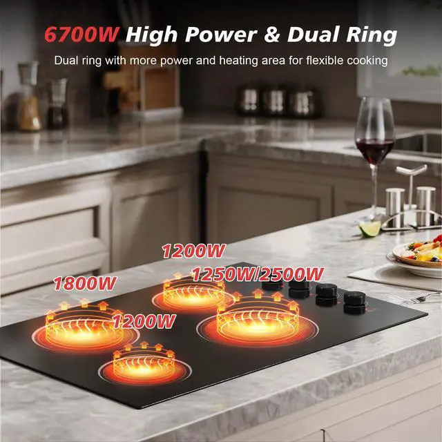 Alt view image 3 of 7 - 30 Inch Electric Cooktop 4 Burners with Knob Control, 6700W Built-in 220V | Radiant Electric Cooktop with 9 Power Levels, Hot Warning, Hard Wire(No Plug)