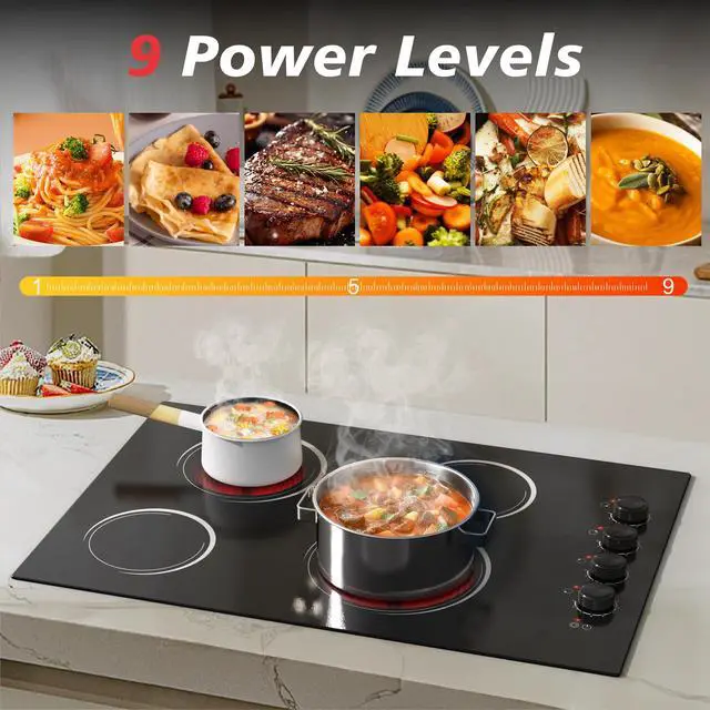 Alt view image 4 of 7 - 30 Inch Electric Cooktop 4 Burners with Knob Control, 6700W Built-in 220V | Radiant Electric Cooktop with 9 Power Levels, Hot Warning, Hard Wire(No Plug)