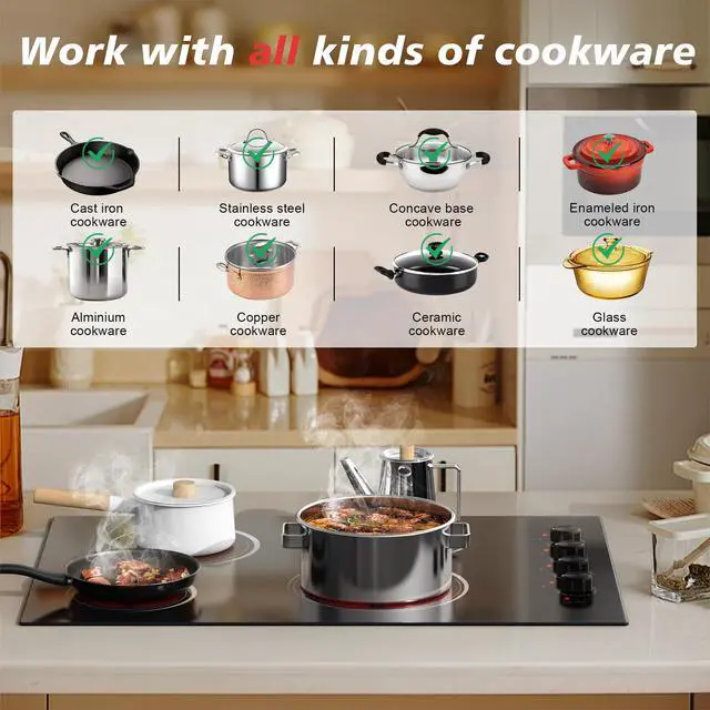 Alt view image 5 of 7 - 30 Inch Electric Cooktop 4 Burners with Knob Control, 6700W Built-in 220V | Radiant Electric Cooktop with 9 Power Levels, Hot Warning, Hard Wire(No Plug)