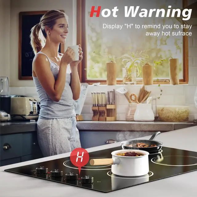 Alt view image 7 of 7 - 30 Inch Electric Cooktop 4 Burners with Knob Control, 6700W Built-in 220V | Radiant Electric Cooktop with 9 Power Levels, Hot Warning, Hard Wire(No Plug)