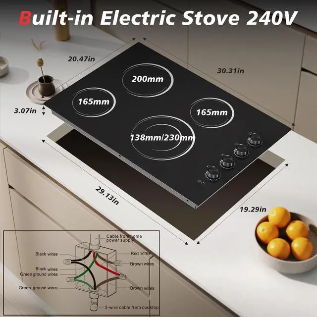 Alt view image 6 of 7 - 30 Inch Electric Cooktop 4 Burners with Knob Control, 6700W Built-in 220V | Radiant Electric Cooktop with 9 Power Levels, Hot Warning, Hard Wire(No Plug)