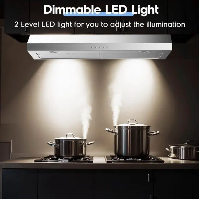 Alt view image 3 of 7 - 30 Inch Under Cabinet Range Hood, 4-Speed Exhaust Fan, 2 Baffle Filters, Bright LED Lights, Stainless Steel Finish