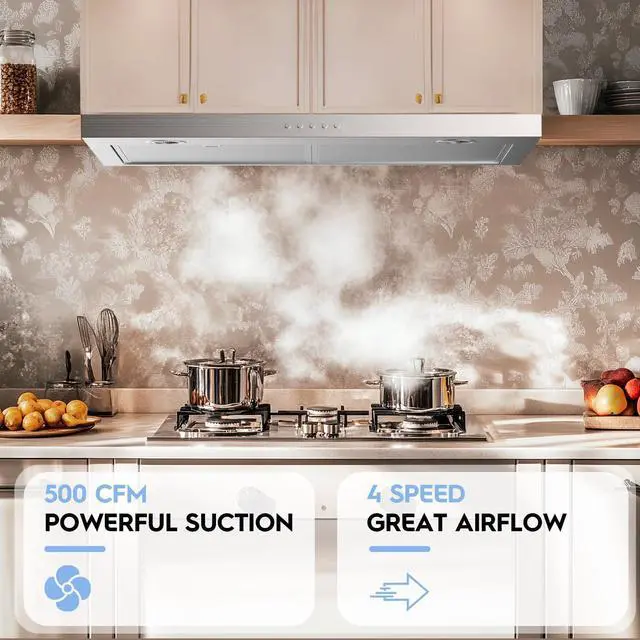 Alt view image 2 of 7 - 30 Inch Under Cabinet Range Hood, 4-Speed Exhaust Fan, 2 Baffle Filters, Bright LED Lights, Stainless Steel Finish