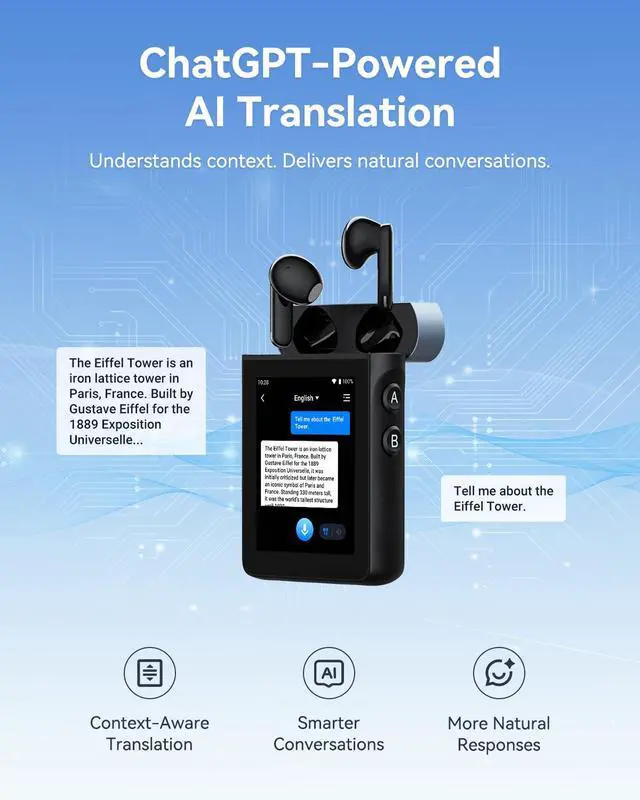 Alt view image 6 of 7 - A9S AI Translation Earbuds Real Time with Camera, OfflineTranslation Headphones No APP Needed, ChatGPT-Powered, Audifonos Traductores Inglés Español for Global Business Trave (Black)