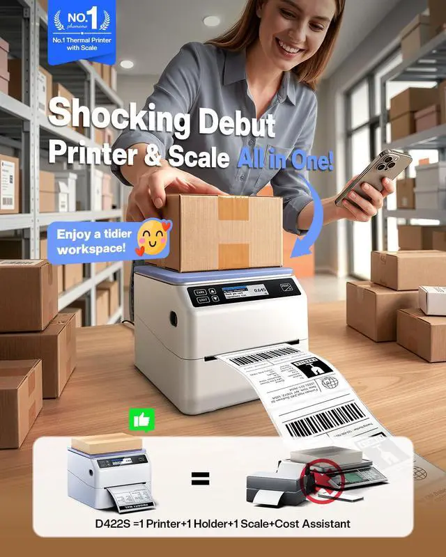 Alt view image 2 of 7 - Bluetooth Shipping Label Printer 4x6 with Scale | D422S Label Printer & Scale All-in-One, Thermal Printers with Built-in Label Holder, Compatible with UPS, USPS, TikTok