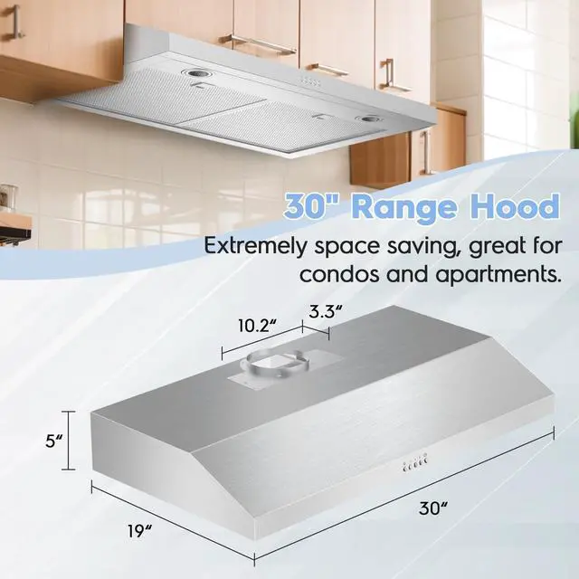 Alt view image 5 of 7 - 30 Inch Under Cabinet Range Hood, 4-Speed Exhaust Fan, 2 Baffle Filters, Bright LED Lights, Stainless Steel Finish