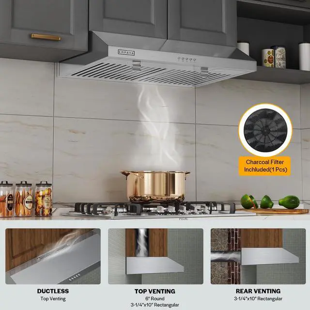 Alt view image 2 of 6 - Ductless Under Cabinet Range Vent Hood 30 Inch, Button Control | 300CFM, 3-Speed, 2 LED Light, Ducted Ready (Rear/Top Vent), Stainless Steel