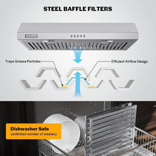Alt view image 3 of 6 - Ductless Under Cabinet Range Vent Hood 30 Inch, Button Control | 300CFM, 3-Speed, 2 LED Light, Ducted Ready (Rear/Top Vent), Stainless Steel