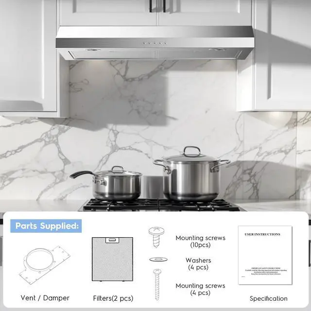 Alt view image 7 of 7 - 30 Inch Under Cabinet Range Hood, 4-Speed Exhaust Fan, 2 Baffle Filters, Bright LED Lights, Stainless Steel Finish