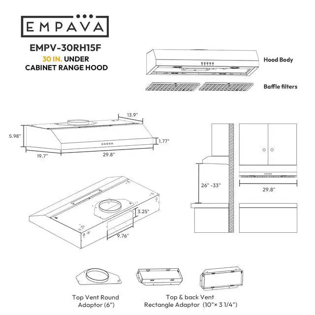 Alt view image 6 of 6 - Ductless Under Cabinet Range Vent Hood 30 Inch, Button Control | 300CFM, 3-Speed, 2 LED Light, Ducted Ready (Rear/Top Vent), Stainless Steel