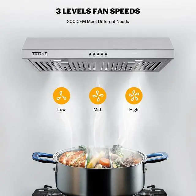 Alt view image 5 of 6 - Ductless Under Cabinet Range Vent Hood 30 Inch, Button Control | 300CFM, 3-Speed, 2 LED Light, Ducted Ready (Rear/Top Vent), Stainless Steel