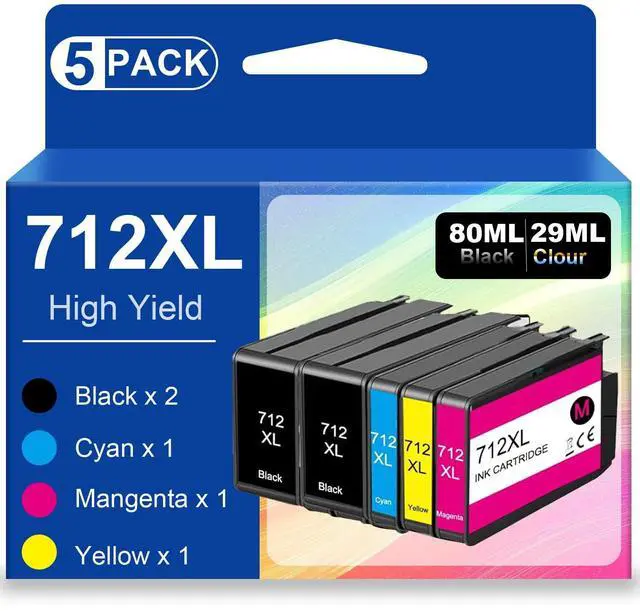 Main image of 5 Pack 712XL Ink Cartridges Replacement 712 Ink Cartridge 80ml Remanufactured for HP DesignJet T650 T630 T250 T230 T210 Studio Plotter Printer(2X Black,1x Cyan,1x Magenta,1x Yellow)