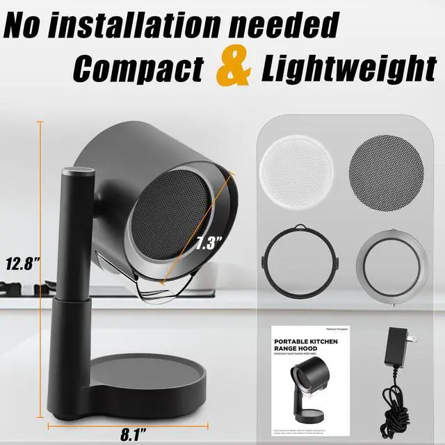 Alt view image 5 of 7 - Portable Range Hood, 3-Speed Kitchen Exhaust Fan with 4" Height & 30°-120° Tilt, Detachable Oil Cup & Filter, for RV, Apartment Cooking, Indoor BBQ,Hot Pot