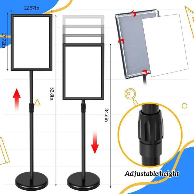 Alt view image 2 of 6 - 2 Pack 12.87 x 17.72 Inch Adjustable Pedestal Floor Stand Sign Holder with Adhesive Whiteboard Sticker and Dry Erase Whiteboard Pen Rotation Outdoor Indoor Standing Display Sign Holder