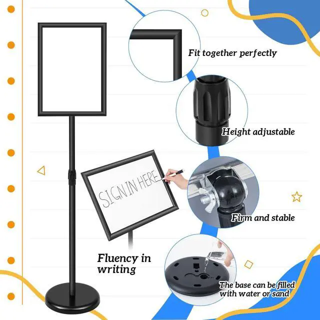 Alt view image 3 of 6 - 2 Pack 12.87 x 17.72 Inch Adjustable Pedestal Floor Stand Sign Holder with Adhesive Whiteboard Sticker and Dry Erase Whiteboard Pen Rotation Outdoor Indoor Standing Display Sign Holder