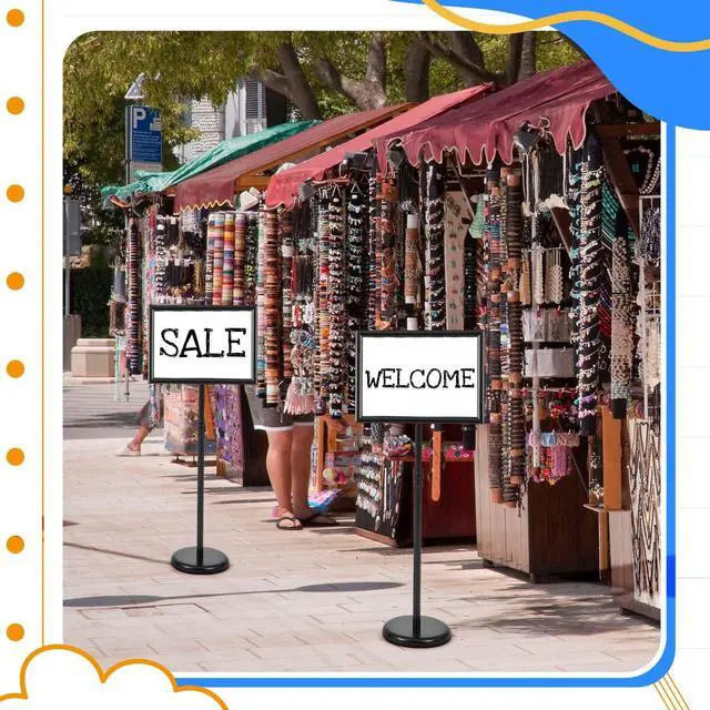 Alt view image 6 of 6 - 2 Pack 12.87 x 17.72 Inch Adjustable Pedestal Floor Stand Sign Holder with Adhesive Whiteboard Sticker and Dry Erase Whiteboard Pen Rotation Outdoor Indoor Standing Display Sign Holder