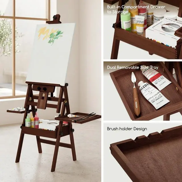 Alt view image 5 of 7 - Painting Easel with Storage: H-Frame Beech Wood Art Easel for Adults, Artists, Students, Beginners - Adjustable 50"-80" H, Holds Canvas Up to 47 Inches