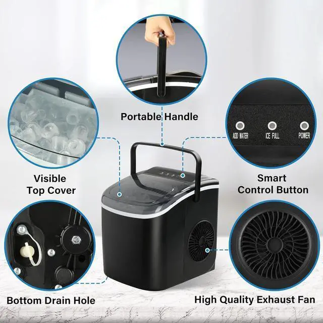 Alt view image 2 of 6 - Countertop Ice Maker with Ice Spoon and Basket, 26lbs Ice Per Day, 6 Mins 9 Bullet Ice, Self-Cleaning, Efficient for Camping, Kitchen, Office, Black