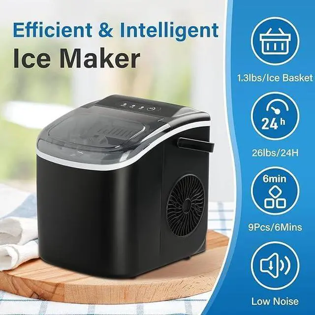 Alt view image 3 of 6 - Countertop Ice Maker with Ice Spoon and Basket, 26lbs Ice Per Day, 6 Mins 9 Bullet Ice, Self-Cleaning, Efficient for Camping, Kitchen, Office, Black