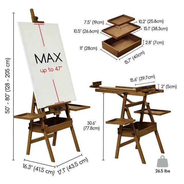 Alt view image 2 of 7 - Painting Easel with Storage: H-Frame Beech Wood Art Easel for Adults, Artists, Students, Beginners - Adjustable 50"-80" H, Holds Canvas Up to 47 Inches