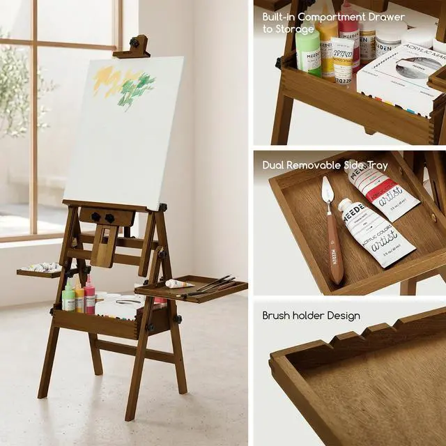 Alt view image 5 of 7 - Painting Easel with Storage: H-Frame Beech Wood Art Easel for Adults, Artists, Students, Beginners - Adjustable 50"-80" H, Holds Canvas Up to 47 Inches