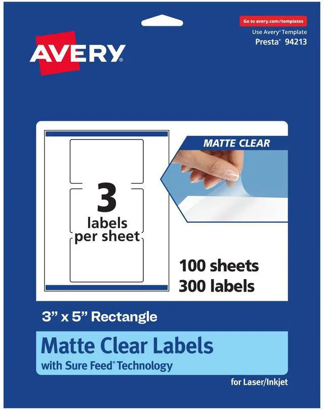 Main image of Matte Clear Rectangle Labels, Sure Feed Technology, 3" x 5", 300 Matte Clear Labels, Print-to-The-Edge, Laser/Inkjet Printable