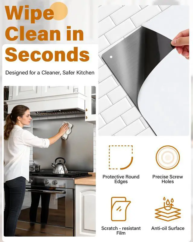 Alt view image 7 of 7 - 24 x 30 In Stainless Steel Backsplash - Kitchen Wall Splash Guard Behind Stove, Easy Clean and Installation
