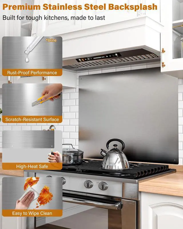 Alt view image 5 of 7 - 24 x 30 In Stainless Steel Backsplash - Kitchen Wall Splash Guard Behind Stove, Easy Clean and Installation