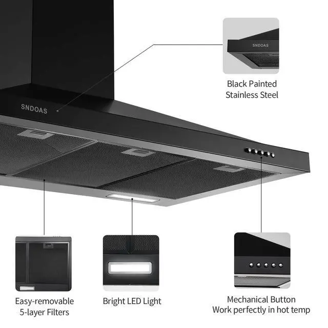 Alt view image 3 of 6 - Black Range Hood 36 inches,Stainless Steel Wall Mount Range Hood Black,Kitchen Hood Vent with Ducted/Ductless Convertible,Hood Vents for Kitchen,Ductless Range Hood,Vent Hood 36 inch