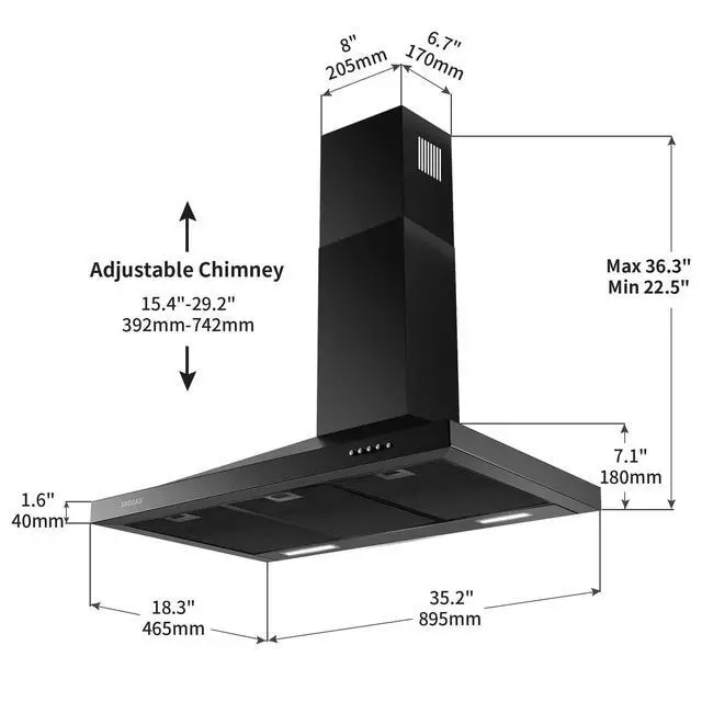 Alt view image 6 of 6 - Black Range Hood 36 inches,Stainless Steel Wall Mount Range Hood Black,Kitchen Hood Vent with Ducted/Ductless Convertible,Hood Vents for Kitchen,Ductless Range Hood,Vent Hood 36 inch