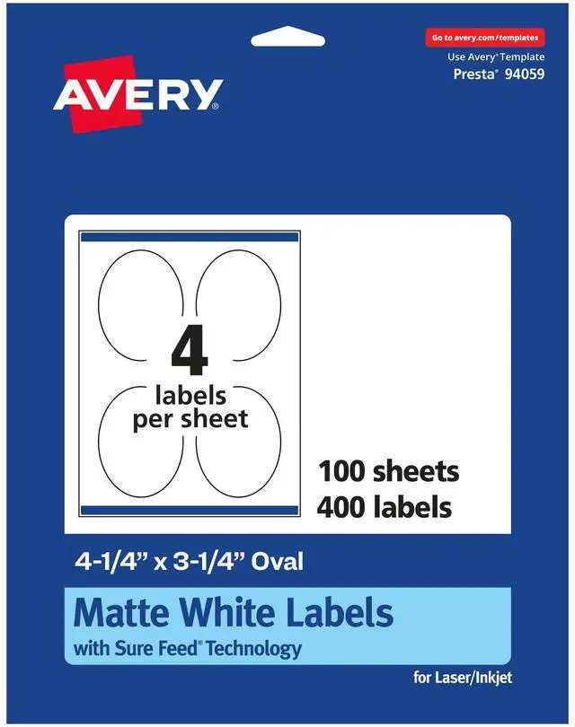 Main image of ® Matte White Oval Labels, Sure Feed® Technology, 4.25" x 3.25", 400 Matte White Printable Labels