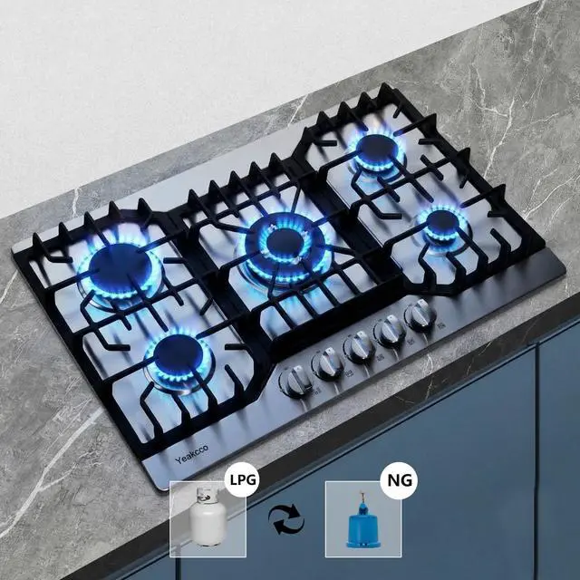 Alt view image 2 of 7 - Gas Cooktop 30 Inch, Stainless Steel 5 Burners Built-in Stovetop Propane/Natural Gas Convertible Stove Top Dual Fuel Cooktop