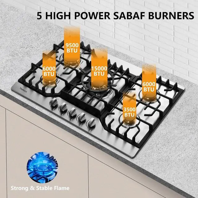 Alt view image 4 of 7 - Gas Cooktop 30 Inch, Stainless Steel 5 Burners Built-in Stovetop Propane/Natural Gas Convertible Stove Top Dual Fuel Cooktop