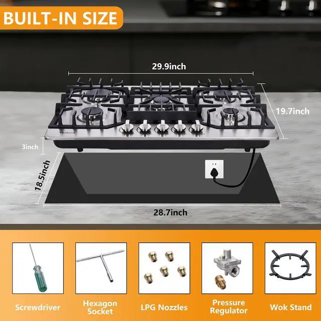 Alt view image 5 of 7 - Gas Cooktop 30 Inch, Stainless Steel 5 Burners Built-in Stovetop Propane/Natural Gas Convertible Stove Top Dual Fuel Cooktop